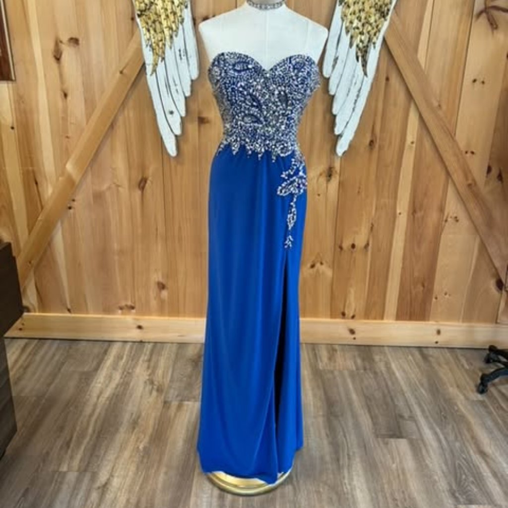 Dark Blue Strapless Rhinestone Dress With Slit